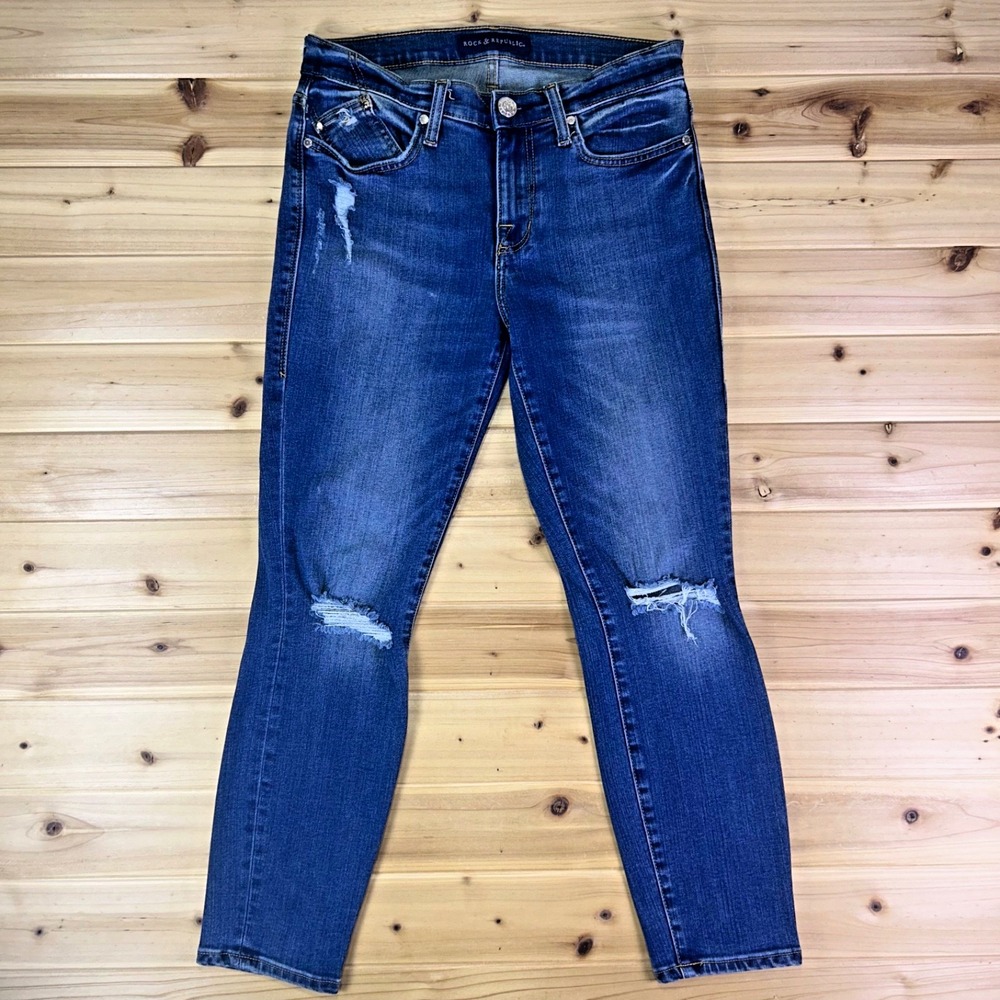 Rock & Republic Jeans Womens 8 Distressed Berlin Ankle Skinny Mid Rise Denim